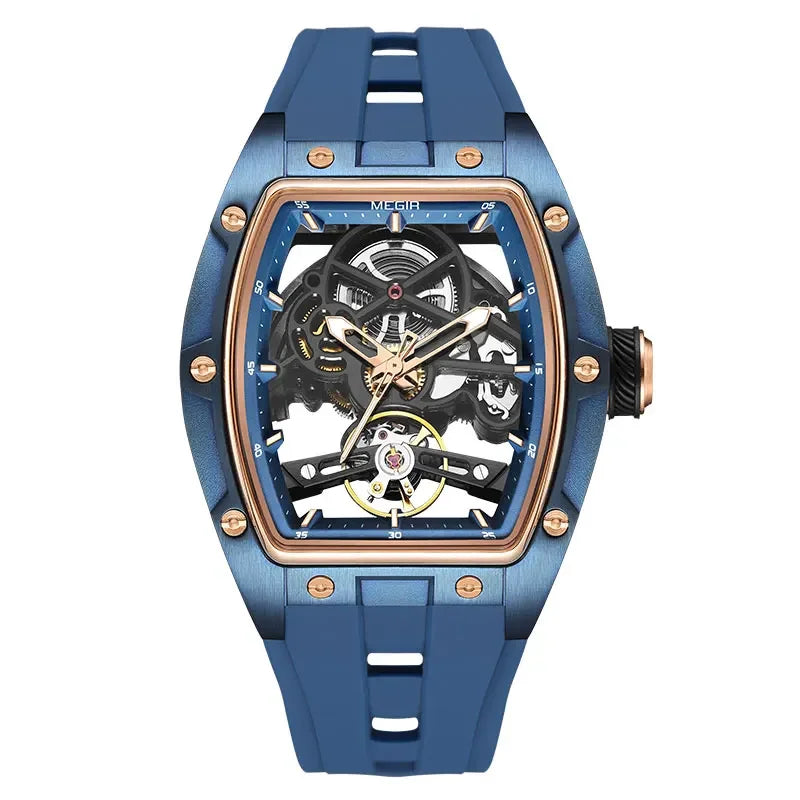 Reloj MEGIR MN2242G-BK-1N0 Automatic Wristwatch Men Fashion Black Silicone Strap Wateproof Luminous Sport Mechanical Watch with Tonneau Dial 2242