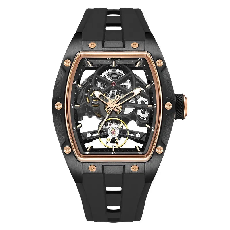 Reloj MEGIR MN2242G-BK-1N0 Automatic Wristwatch Men Fashion Black Silicone Strap Wateproof Luminous Sport Mechanical Watch with Tonneau Dial 2242