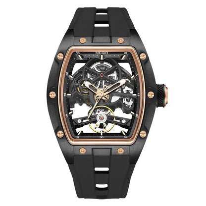 Reloj MEGIR MN2242G-BK-1N0 Automatic Wristwatch Men Fashion Black Silicone Strap Wateproof Luminous Sport Mechanical Watch with Tonneau Dial 2242
