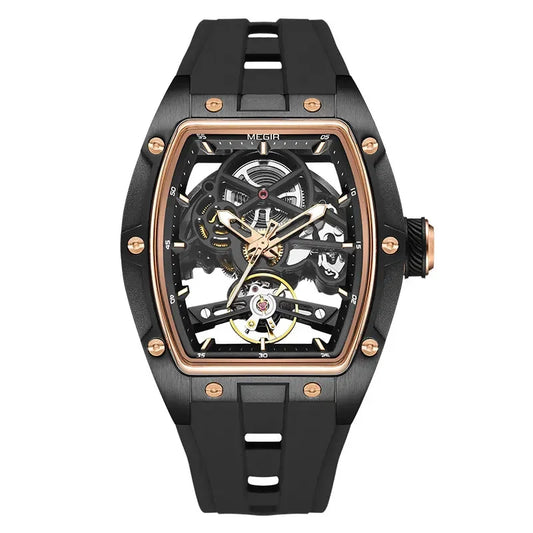 Reloj MEGIR MN2242G-BK-1N0 Automatic Wristwatch Men Fashion Black Silicone Strap Wateproof Luminous Sport Mechanical Watch with Tonneau Dial 2242